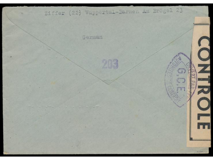 Zensurstelle Koblenz,  Brief mit Stempel  Wuppertal-Oberbarmen 1 Gebühr bezahlt  18.2.46 nach (22) Betzdorf / Sieg, links wei