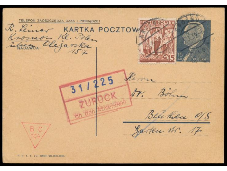 Ganzsache 15 Gr mit Zusatzfrankatur 15 Gr. als Auslandskarte nach Beuthen, geschrieben am 31.8.1939, deutscher Text!, Stempel