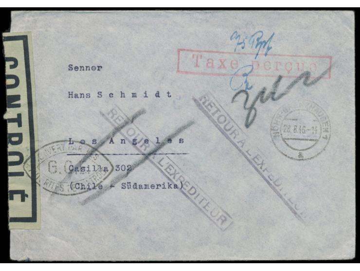 Zensurstelle Koblenz,  Auslandsbrief nach USA, Stempel  Höhr-Grenzhausen 1  28.8.46 und roter R1  Taxe percue,  handschriftli
