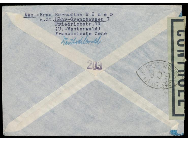 Zensurstelle Koblenz,  Auslandsbrief nach USA, Stempel  Höhr-Grenzhausen 1  28.8.46 und roter R1  Taxe percue,  handschriftli