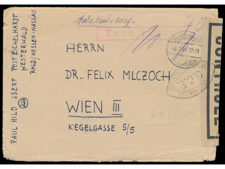 Zensurstelle Koblenz,  Auslandsbrief nach Österreich, Stempel  Eichelhardt (Westerwald)  6.9.46 und roter R1  Taxe percue,  h
