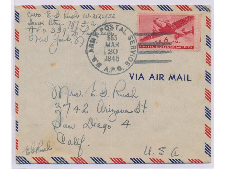 Luftpost-Feldpostbrief eines amerikanischen Soldaten beim 787. Feldart. Bataillon mit Air-Mail 6 Ct. mit Inhalt nach USA, Ste