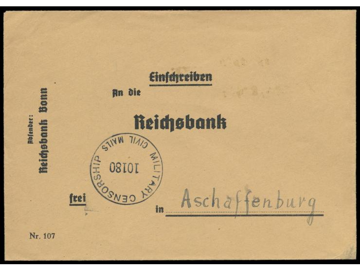 Reichsbank-Kurierbrief  (Gebühr 1 RM) der Reichsbank  Bonn  über Frankfurt / Main an die Reichsbank in Aschaffenburg, US-Zens