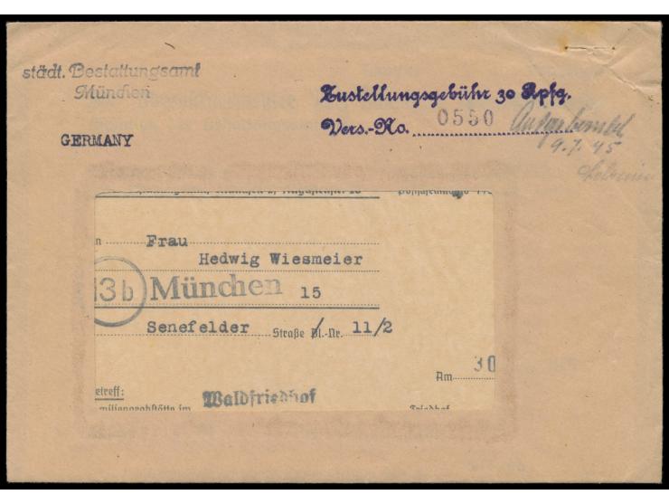 Ortsbrief des  städt. Bestattungsamt München  mit L2  "Zustellungsgebühr 30 Rpfg. / Vers.-No. ...."  mit Registriernummer 055