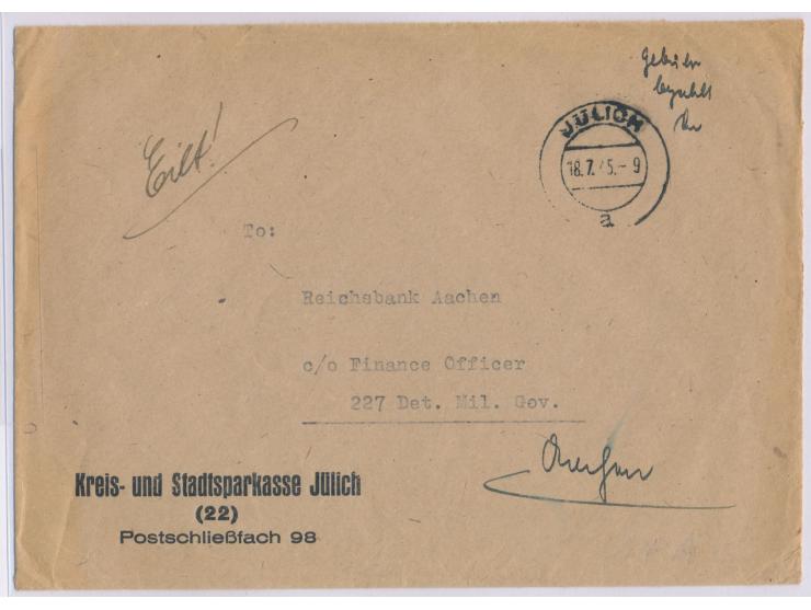 Regierungsbezirk Aachen: Brief der Kreissparkasse Jülich an die Reichsbank Aachen über die Britische Militärregierung (227 De