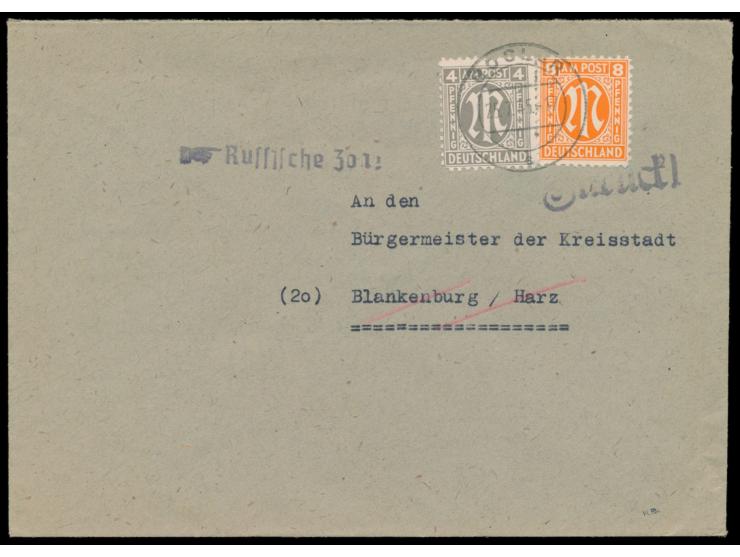 4 Pf. und 8 Pf. auf Brief mit Stempel  Goslar  25.7.45  nach Blankenburg,  violetter L1  Zurück!  und L1  Russische Zone  weg