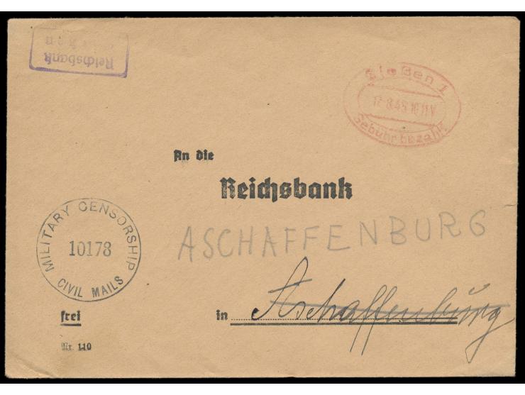 Reichsbank-Kurierbrief  (Gebühr 1 RM) der Reichsbank Gießen an die Reichsbank in Aschaffenburg, roter Ovalstempel  Gießen 1  