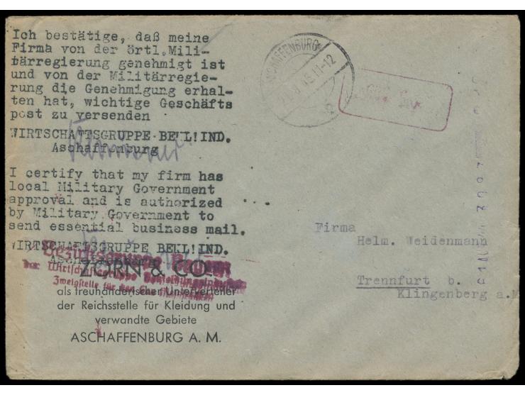 unverschlossener Brief mit Tagesstempel Aschaffenburg 2 21.8.45, Registrierkassen-Stempel 12 Pf. als Gebühreneinnahme und R1 