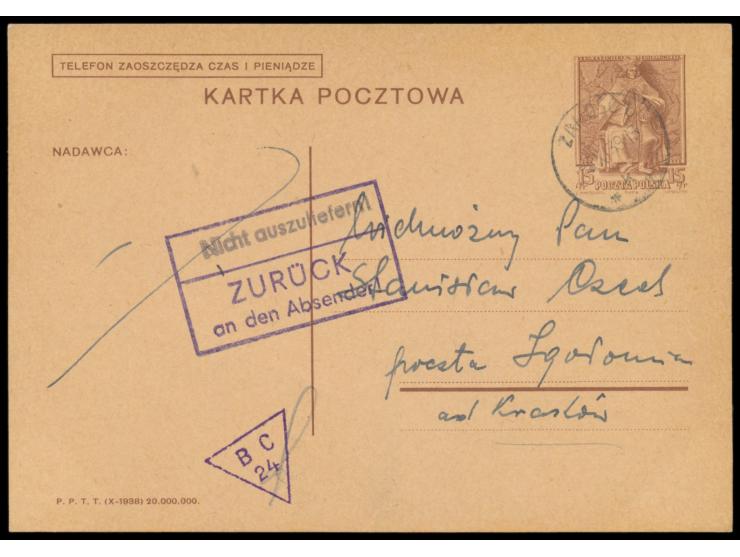 Ganzsache 15 Gr mit Stempel  Zamosc  3.9.39, (Monat kopfstehend = XI.) violetter polnischer  Dreieck-Zensurstempel "B C 24"  