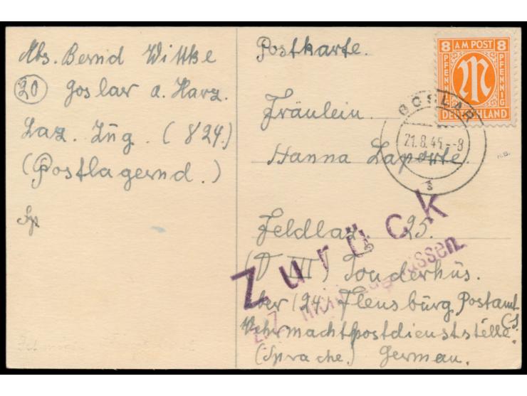 8 Pf. auf Postkarte mit Stempel Goslar 21.8.45 an einen deutschen Militärinternierten im Feldlazarett 25  in Tonderhus / Däne