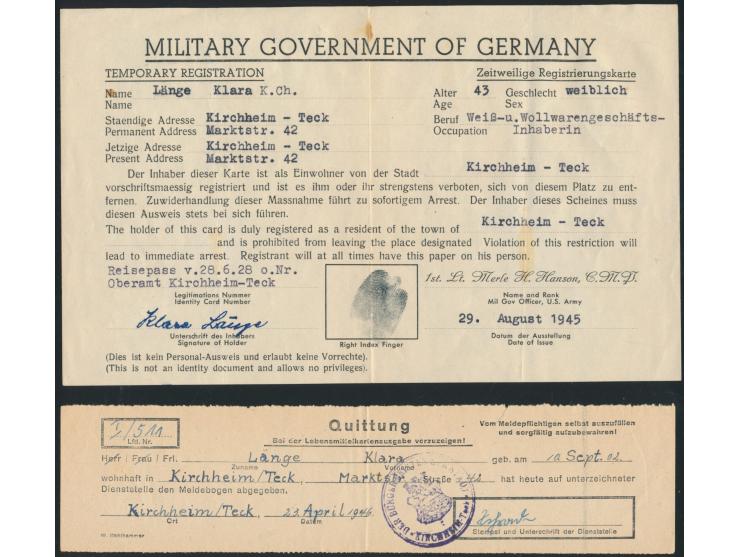 Kirchheim unter Teck  29.8.1945: zeitweilige Registrierungskarte, zweisprachiges Formular der US-Militärregierung, gefaltet, 