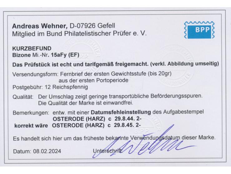 12 Pf. englischer Druck mit Zähnung 14 3/4 : 14 1/4 auf Brief mit Stempel  Osterode (Harz)  29.8.45 nach Hildesheim, Befund W