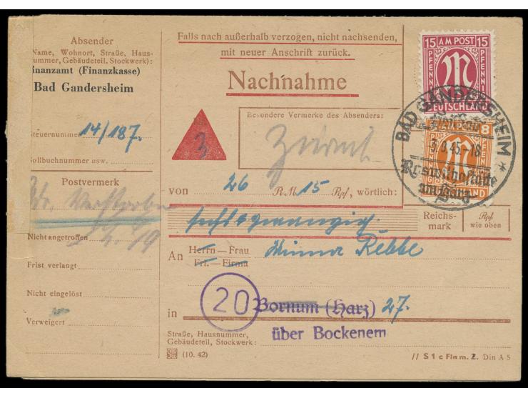 8 Pf. und 15 Pf. auf  Nachnahme-Drucksache  des Finanzamts mit Ortswerbestempel  Bad Gandersheim  3.9.45 nach Bornum und zurü