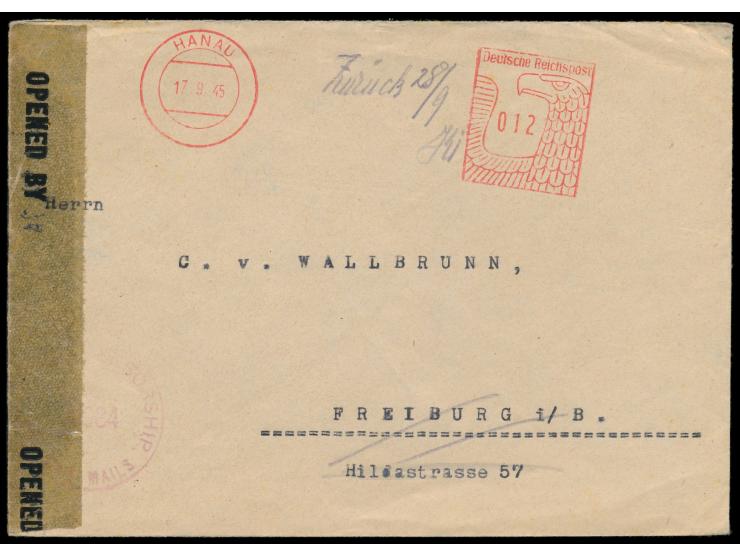 Postalia-Absenderfreistempel Hanau  17.9.45 mit Adlerkopf-Wertrahmen 012 Pf. (nicht aptiert) auf Brief nach Freiburg / Breisg