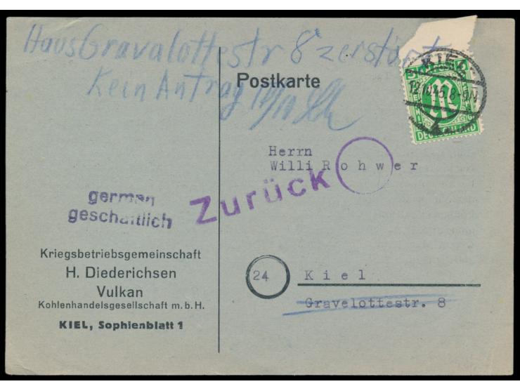 Einzelfrankatur 5 Pf. (Zähnung 14 3/4 : 14 1/4) mit Oberrand auf Ortskarte mit Stempel  Kiel 4  12.10.45, L1 Zurück, handschr