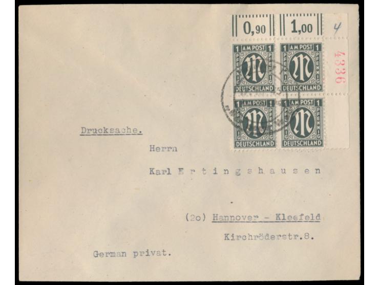 1 Pf. mit Zähnung 11 : 11 1/2 im  Eckrand-Viererblock  rechts oben mit roter  Bogenzählnummer n 4336 auf Drucksache 2. Gewich