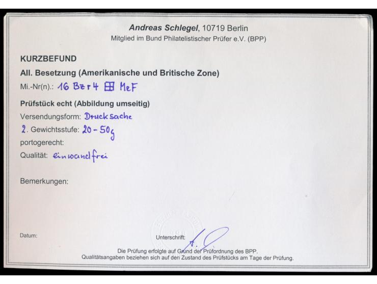 1 Pf. mit Zähnung 11 : 11 1/2 im  Eckrand-Viererblock  rechts oben mit roter  Bogenzählnummer n 4336 auf Drucksache 2. Gewich