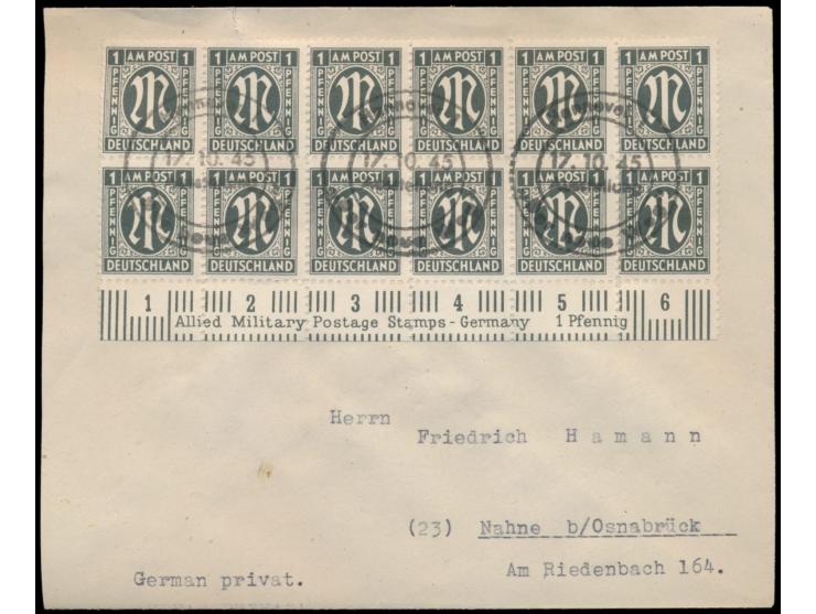 Unterrand-12er-Block 1 Pf. mit Zähnung 11 : 11 1/2 auf Brief, drei zentrische Sonderstempel  Hannover 1 Ausstellung "Der Neue