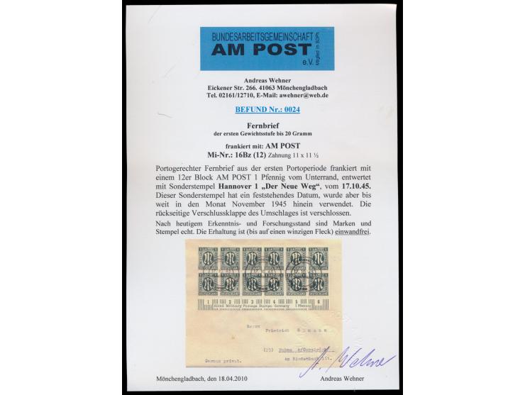 Unterrand-12er-Block 1 Pf. mit Zähnung 11 : 11 1/2 auf Brief, drei zentrische Sonderstempel  Hannover 1 Ausstellung "Der Neue