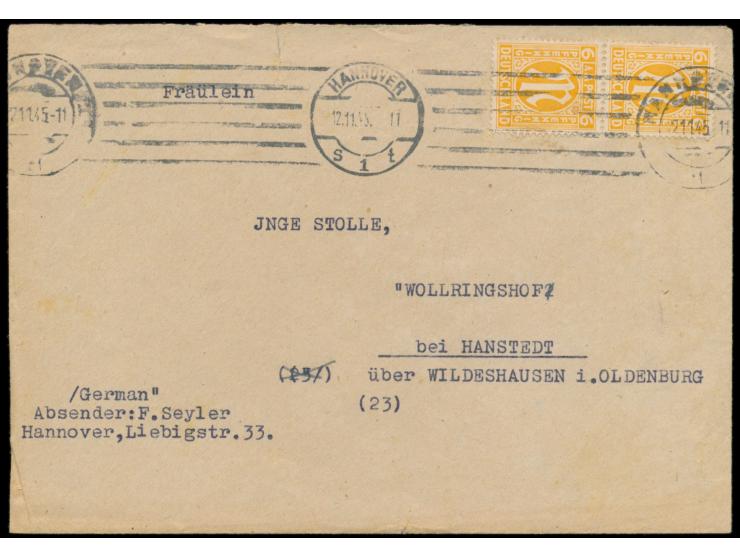 senkrechtes Paar 6 Pf. englischer Druck mit Zähnung 14 1/4 auf Brief mit Maschinenstempel  Hannover 1  12.11.45 nach Wollring