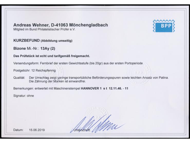 senkrechtes Paar 6 Pf. englischer Druck mit Zähnung 14 1/4 auf Brief mit Maschinenstempel  Hannover 1  12.11.45 nach Wollring