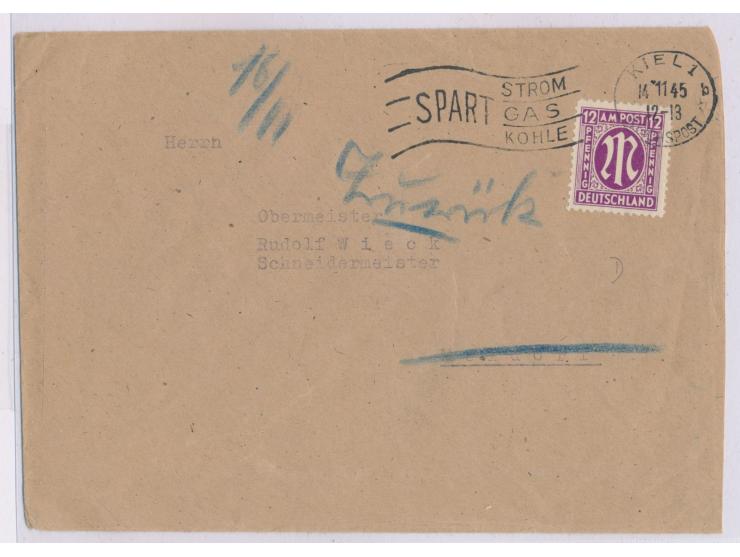 Maschinenstempel  Kiel 1 Reichspost  mit UB b 14.11.45, seltener Werbeeinsatz  "Spart Strom / Gas / Kohle" , Beierlein Nr. 14