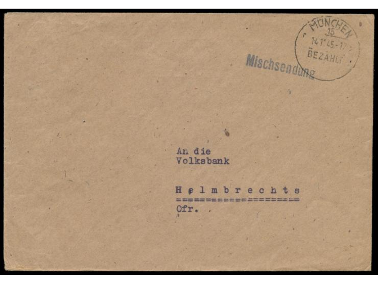 Stempel  München 15 Bezahlt  14.11.45 auf unverschlossenem Umschlag nach Helmbrechts, Stempel  Mischsendung,  Absender "Bayer