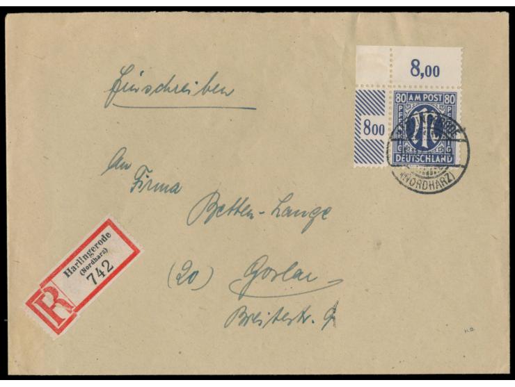 Einzelfrankatur  80 Pf.,  gezähnt L 11,  mit Eckrand  rechts oben auf überfrankiertem Einschreibbrief 2. Gewicht, Gitterstemp