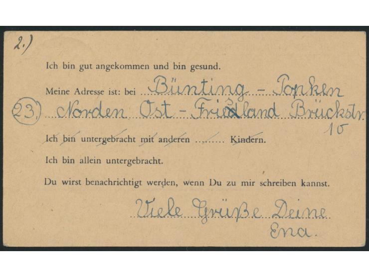 Einzelfrankatur 6 Pf. auf Vordruckkarte &nbsp;&quot;Berlin Children´s Evacuation Scheme&quot; &nbsp;mit Stempel &nbsp;Norden 