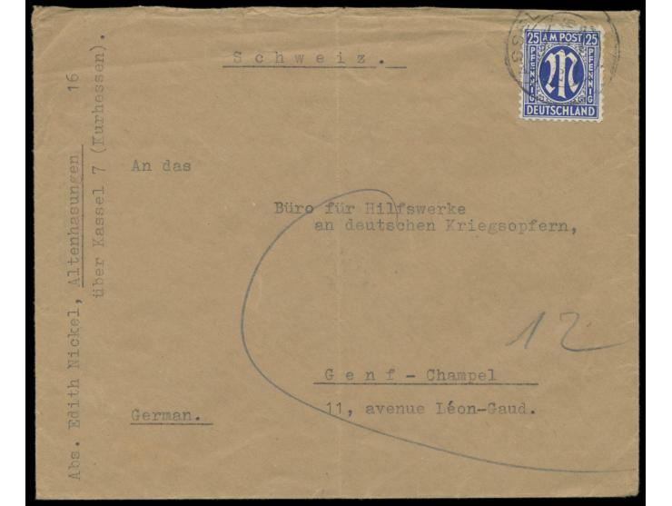 Einzelfrankatur 25 Pf. (schwacher Knitter) auf  Auslandsbrief  mit Stempel Kassel 26.11.45 an das "Büro für Hilfswerke an deu