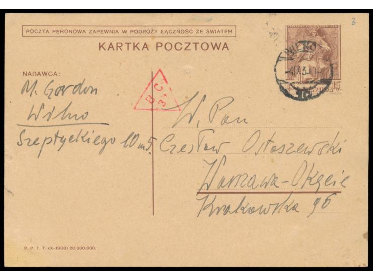 Ganzsache 15 Gr mit Stempel  Wilno  4.9.39, roter polnischer  Dreieck-Zensurstempel "B C 31"  der Zensurstelle Wilno im Korps