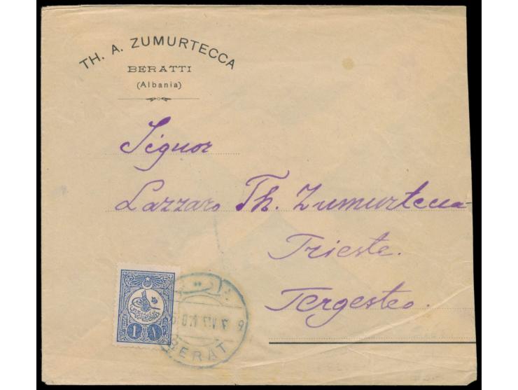 Türkei  1 Pia. auf Firmenbrief mit blauem Stempel  Berat  5.9.11 nach Triest, Umschlag ist rechts etwas verkürzt, Bedarf
Stic