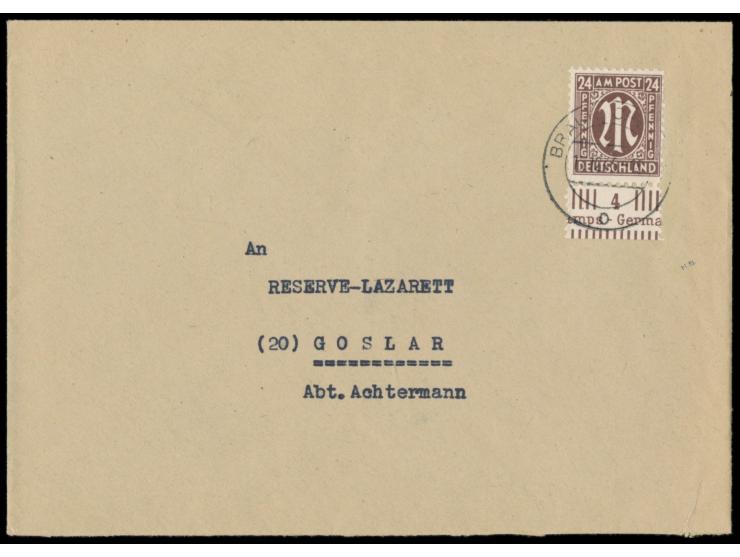 Einzelfrankatur 24 Pf. mit Zähnung 11 : 11 1/2 mit Unterrand auf Brief 2. Gewicht, Stempel  Braunschweig 1  15.12.45, nach Go