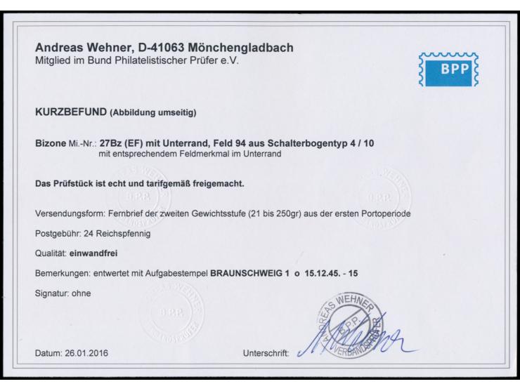 Einzelfrankatur 24 Pf. mit Zähnung 11 : 11 1/2 mit Unterrand auf Brief 2. Gewicht, Stempel  Braunschweig 1  15.12.45, nach Go