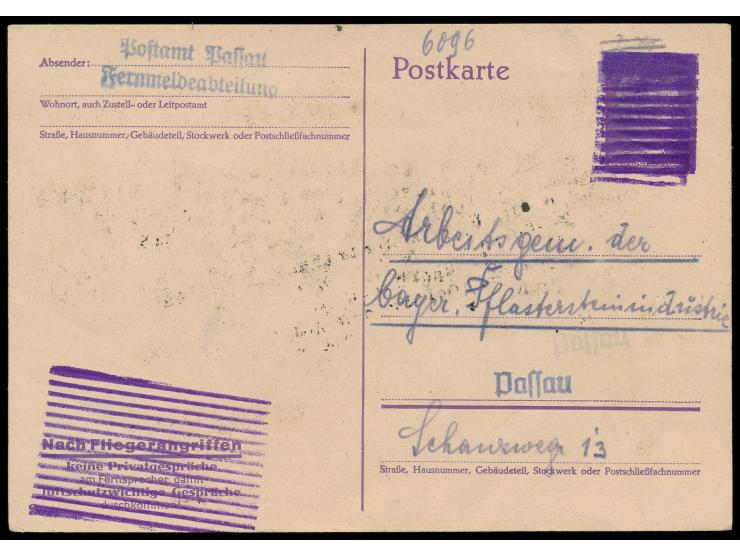 Hitler-Ganzsache mit unkenntlich gemachtem Wertstempel und Propagandatext als Formblatt des &nbsp;Postamt Passau / Fernmeldes