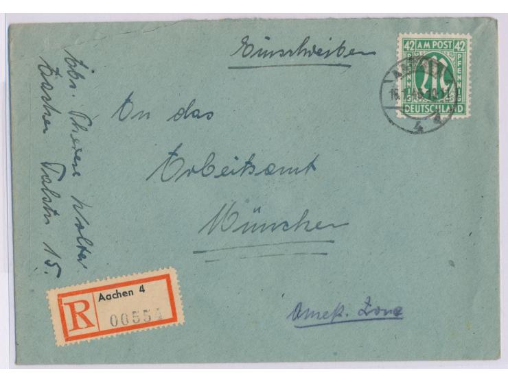 Einzelfrankatur 42 Pf. auf Einschreibbrief mit Stempel  Aachen 4  16.1.46 nach München,  R-Zettel-Amtsausgabe von Aachen,  An