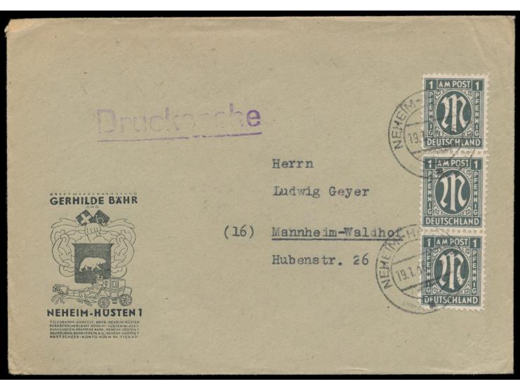 senkrechter Dreierstreifen 1 Pf. mit besserer Zähnung 11 1/2 : 11 auf Drucksache, Stempel  Neheim-Hüsten 1  19.1.46, nach Man