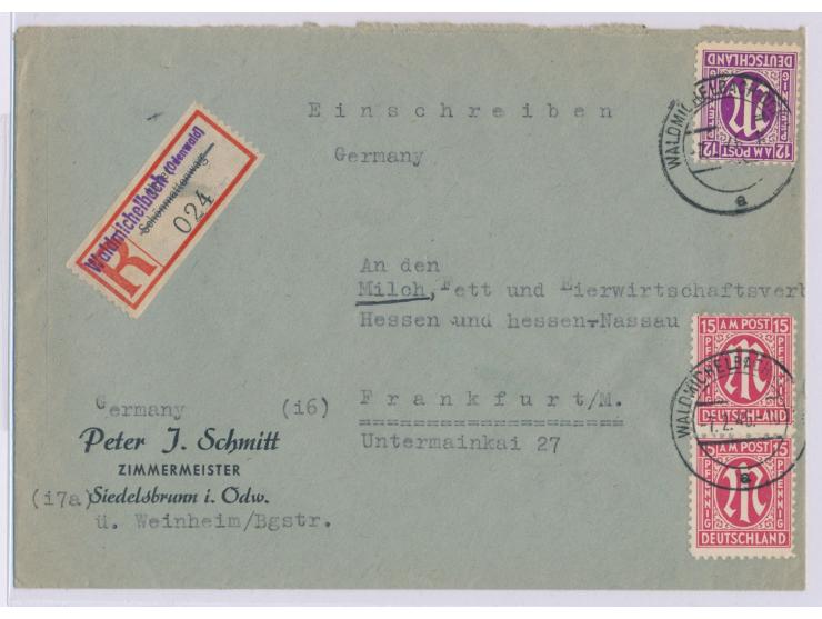 12 Pf. und 2 x 15 Pf. auf  Einschreibbrief  mit Stempel  Waldmichelbach (Odenwald)  7.2.46 nach Frankfurt, alter  Reichspost-