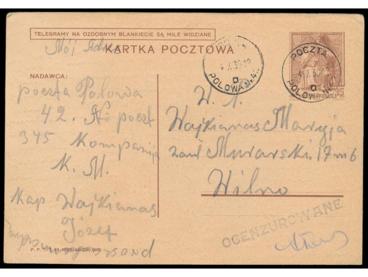 Ganzsache 15 Gr. mit Stempel  Poczta Polowa Nr. 42  4.9.39 nach Wilno, violetter Zensur-L1  Cenzurowane  und Unterschrift
Sti