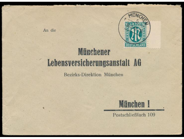 Einzelfrankatur 16 Pf. auf  Ortsbrief 2. Gewicht,  Stempel München 5 16.2.46, seltene portorichtige Verwendung in der 1. Port