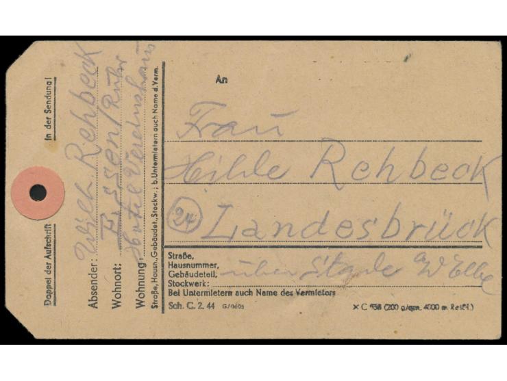 Sechserblock 15 Pf. (Zähnung 11) auf Adressanhänger für eine Paketsendung (Koffer?) von Essen nach (24) Landesbrück, Hoteladr