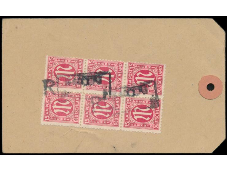 Sechserblock 15 Pf. (Zähnung 11) auf Adressanhänger für eine Paketsendung (Koffer?) von Essen nach (24) Landesbrück, Hoteladr