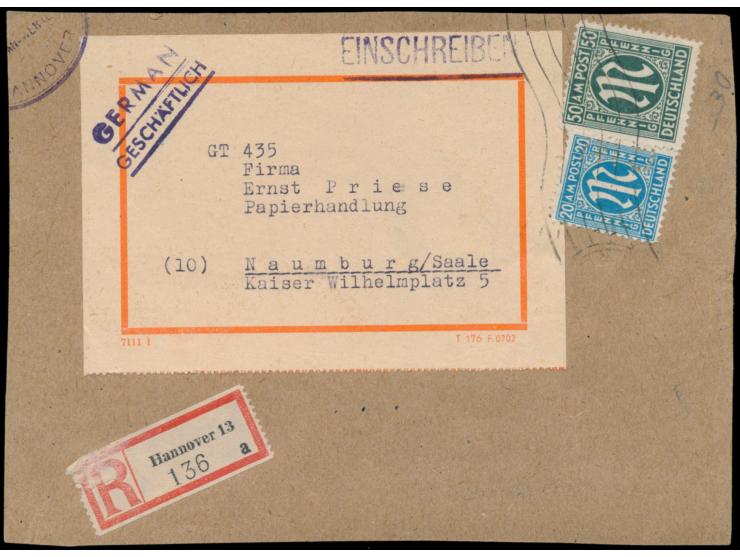 20 Pf. mit  Firmenlochung "G.W."  der Firma Günther Wagner und 50 Pf. (ohne Lochung) auf  Einschreib-Päckchen-Ausschnitt  nac