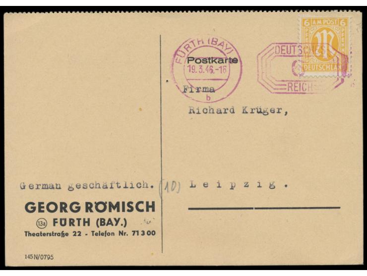 roter  Postfreistempel  mit Achteck-Wertrahmen 6 Pf. von Fürth (Bay) 2 19.3.46 als Entwertung auf Postkarte mit AM-Post 6 Pf.