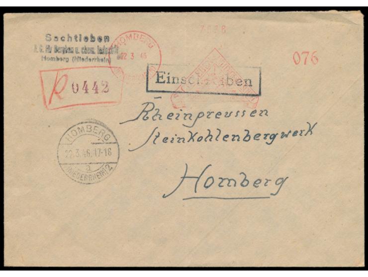 Absenderfreistempel &nbsp;Sachtleben AG &nbsp;Homberg (Niederrhein) &nbsp;22.3.46 mit total aptiertem Wertrahmen 076 Pf. auf 