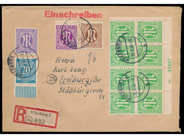 5 Pf. als Eckrand-Achterblock rechts unten mit kompletter &nbsp;Plattennummer &nbsp;&quot;PL 45867&quot; mit 3, 10 und 12 Pf.