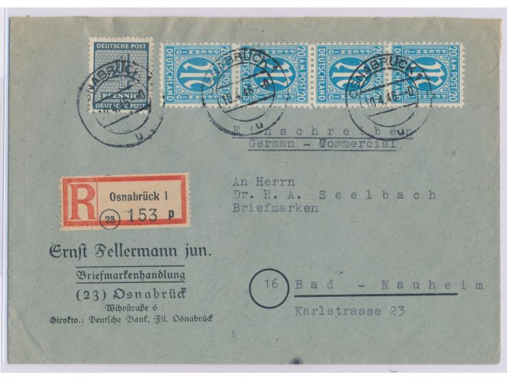 senkrechtes Paar 20 Pf. mit  SBZ-Westsachsen 4 Pf.  auf Einschreibbrief, Stempel  Osnabrück 1  10.4.46, nach Bad Nauheim, Ank