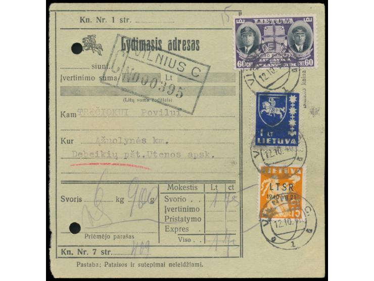 Litauische Besetzung des Wilna-Gebietes: Mischfrankatur 15 C. LTSR (1940) mit 60 C. "Ozeanflug" (1934) und 1 L. Wappen auf Pa