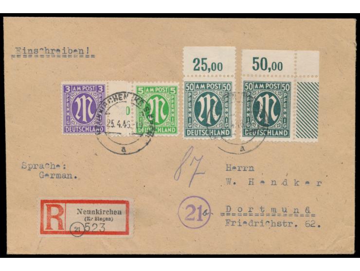 50 Pf. (Zähnung 11 : 11 1/2) als rechtes oberes  Eckrandstück ohne Bogenzählnummer  zusammen mit 3 Pf. (bessere Zähnung 14 3/