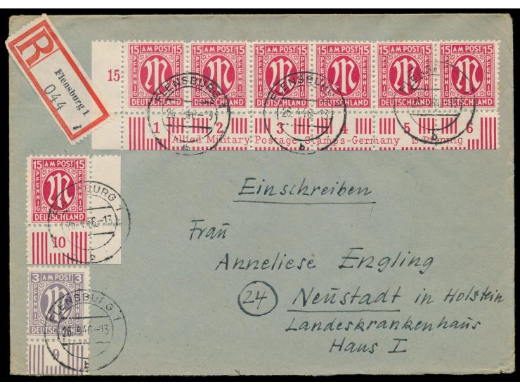 15 Pf. (11 : 11 1/2) als waagerechter  Eckrandrand-6er-Streifen  links unten mit kompletter  Bogeninschrift  (Felder 91 bis 9